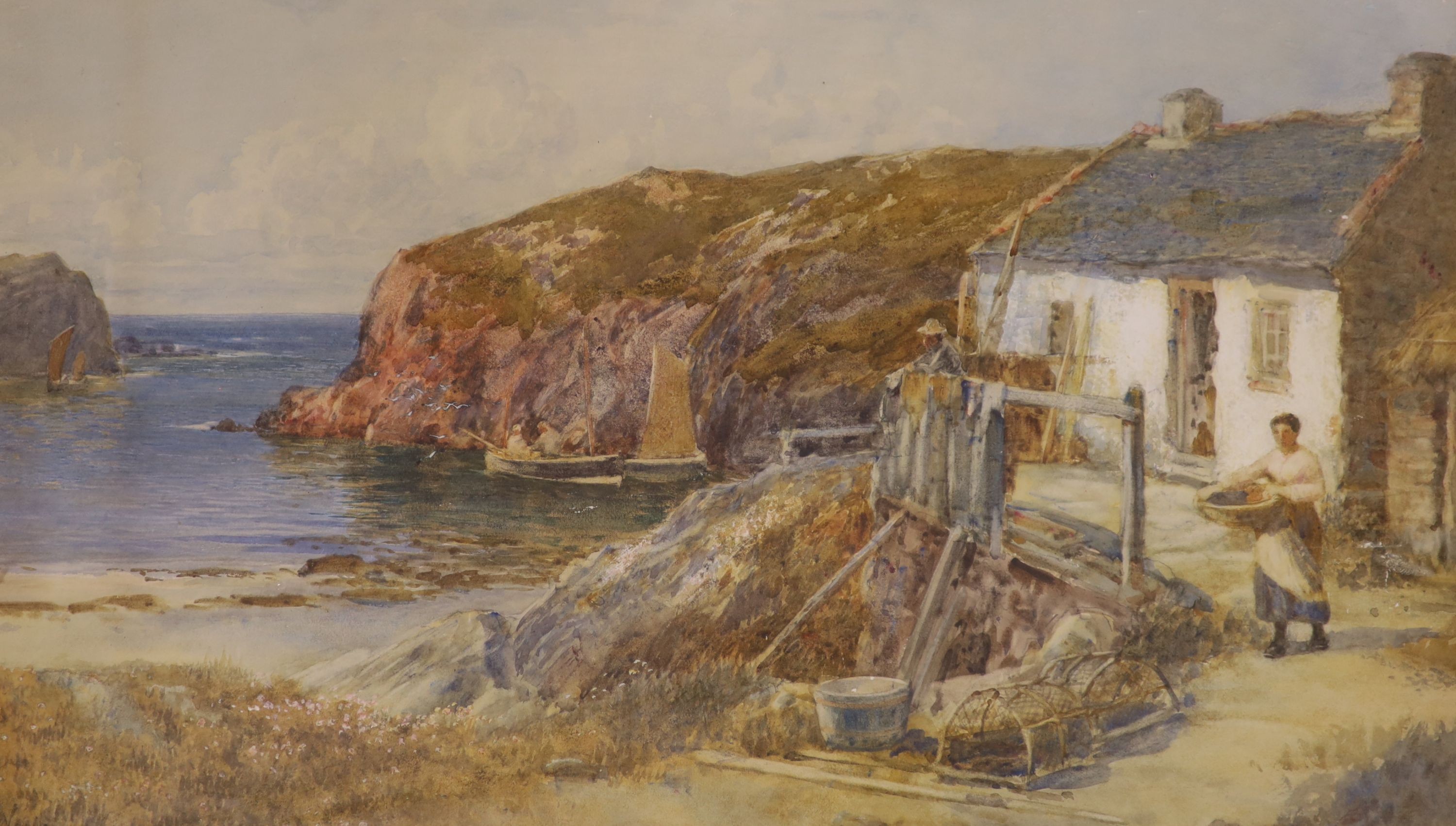 Richard Wane (1852-1904), watercolour, Cornish harbour scene, signed, 35 x 59cm. and a watercolour of a punt beside a bridge, 33 x 47cm.